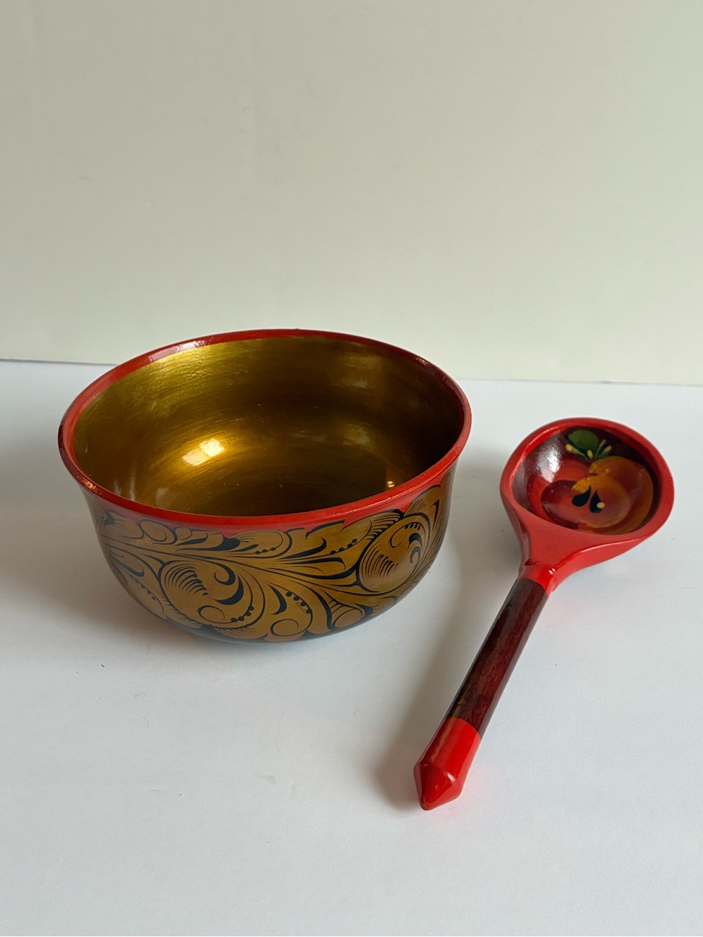 Authentic Russian Khokhloma Hand Painted Wood Bowl & Spoon Set 2